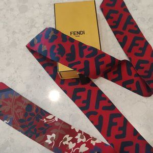 Authentic Fendi Twilly Scarf, Navy + Red Silk
